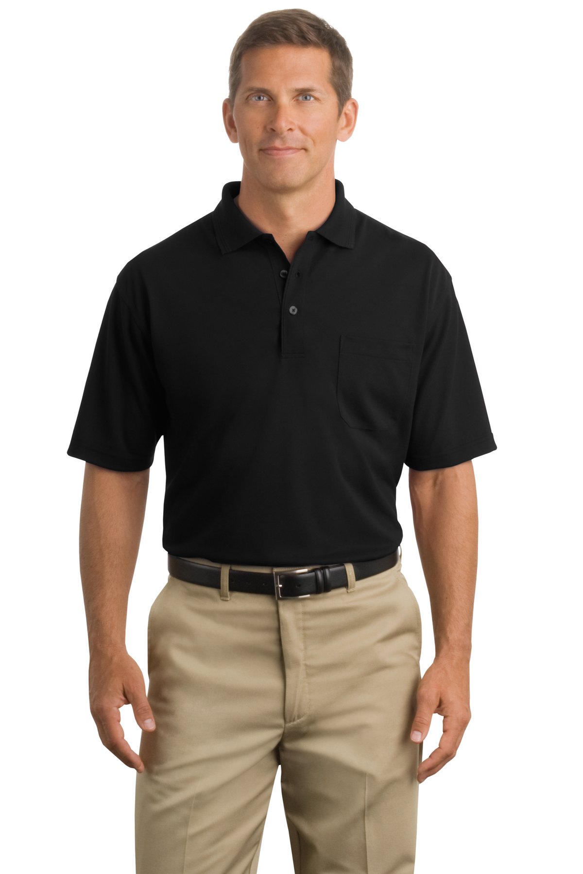 khakis and black polo